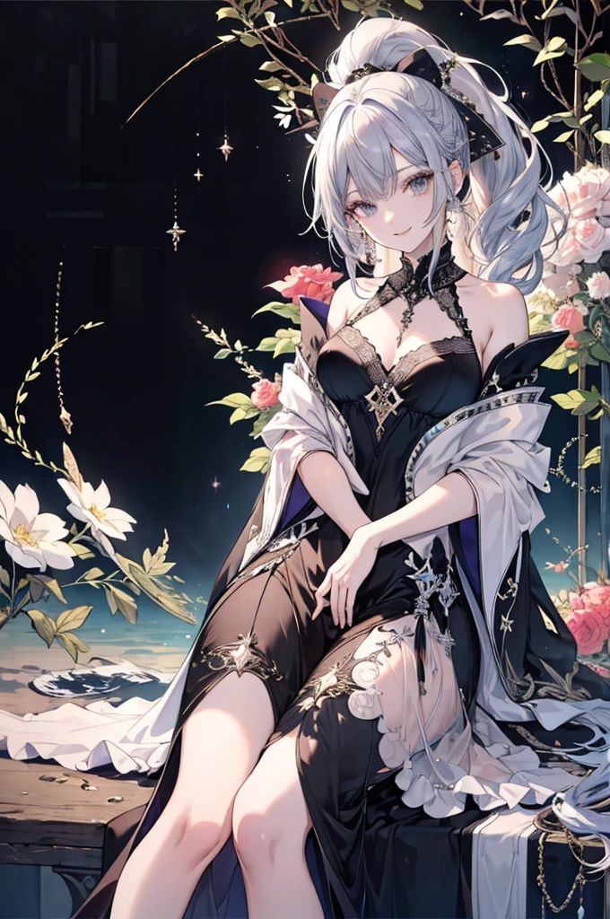 High resolution RAW color art, animation,Sculpture, Silver Marble Skin, (((Highly detailed chic))), Magical atmosphere, Detailed skin, Detailed eyes、Detailed Hair、Detailed Fashion、texture,(Exquisitely crafted, The finer details, Ultra-detailed art), Depth of written boundary, Silky Touch, Hyper Detail,Beautiful Eyes, Elegant face, Up to the knees, View from below, eye shadow、long hair、straight、Low Ponytail、Black clothes、Attractive breasts、Shoulder exposed、Robe、Smile、world Tree