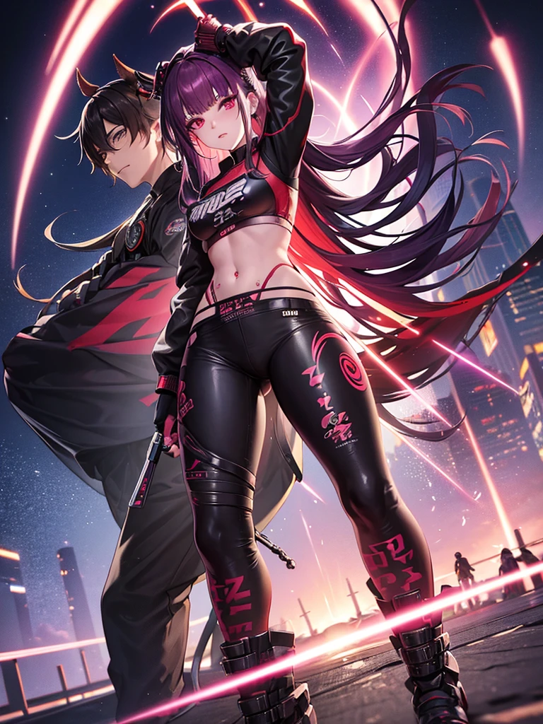 Cyberpunk 2077, anime, portrait, singular character, streetwear, harajuku, samurai, demon, little demon wings, little horns,neon colors,swords and pistols,tattoos, female, long hair, mask,genshin impact, honkai star rail, chainsaw man, bungou straydogs,bangs,attack on titan, japanese, hanako, sakura cherry blossoms