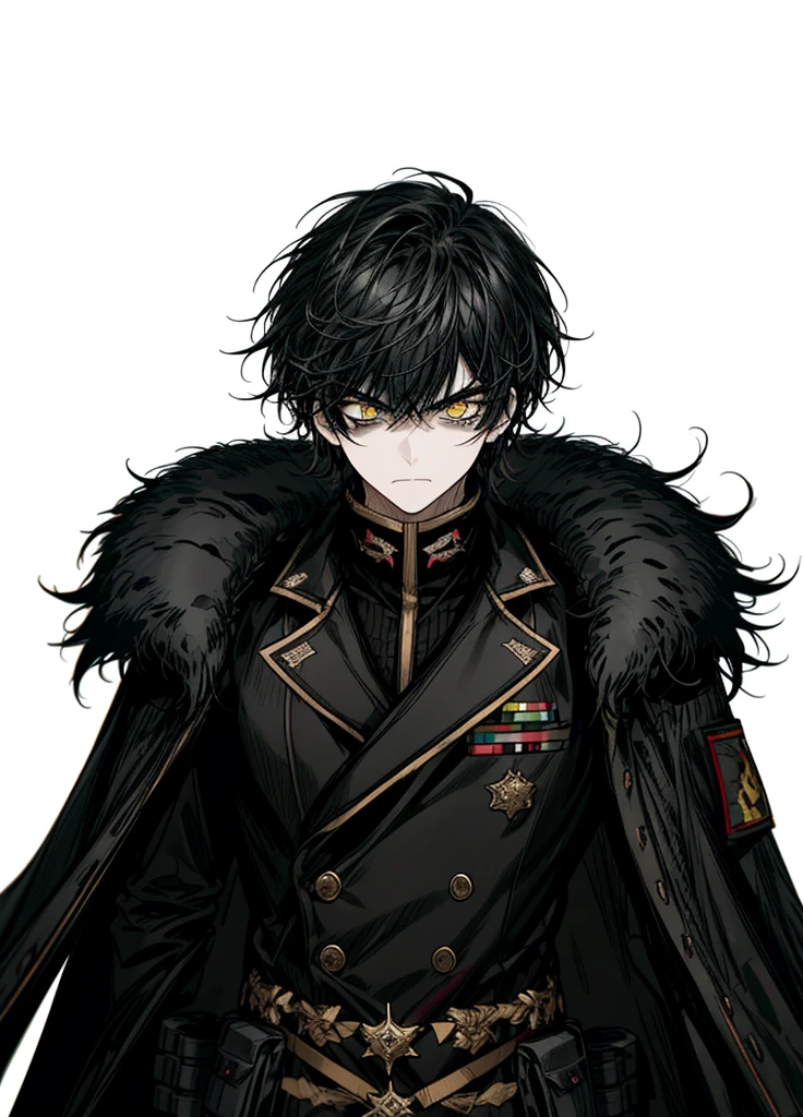 1boy ,black hair, yellow eyes, arctic military, general, cape, fleece, nice clothes, (high resolution, high detail, best quality), angry