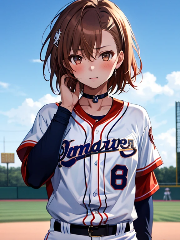ピッチャー, Baseball Player, cute, Pitiful, Girl, short hair, Misaka Mikoto, 1girl, black choker, uhd, retina, masterpiece, ccurate, anatomically correct, textured skin, super detail, high details, high quality, best quality, highres, 4K