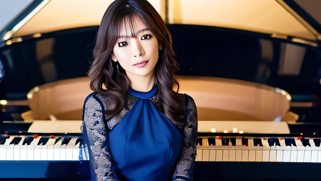 A beautiful 30-year-old Japanese woman in an ultramarine dress posing in front of a piano