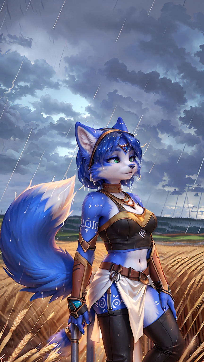 A beautiful and detailed (sweet picture) of ((Krystal)), Star Fox Krystal,  green eyes, medium breasts, (((Long blue hair 1.3))),  anthro, furry, (of Fluff-Kevlar, Bayard Wu, Personalami, Pino Daeni),  detailed fluffy fur, detailed face, (fluffy), 1 girl, alone, hair cover one eye:1.4, (((stands in the rain:1.4))), Heavy rain, storm, (((stands on a wheat field:1.3))), (((looks at the sky:1.4))), has a thoughtful facial expression, to see from the side, to see in profile, wears tribal clothing with leather armor, wears tribal top with leather armor