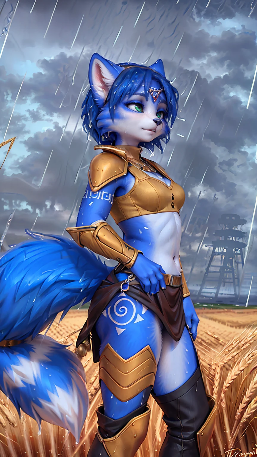 A beautiful and detailed (sweet picture) of ((Krystal)), Star Fox Krystal, green eyes, medium breasts, (((Long blue hair 1.3))), anthro, furry, (of Fluff-Kevlar, Bayard Wu, Personalami, Pino Daeni), detailed fluffy fur, detailed face, (fluffy), 1 girl, alone, hair cover one eye:1.4, (((stands in the rain:1.4))), Heavy rain, storm, (((stands on a wheat field:1.3))), (((looks at the sky:1.4))), has a thoughtful facial expression, to see from the side, to see in profile, wears tribal clothing with leather armor, wears tribal top with leather armor