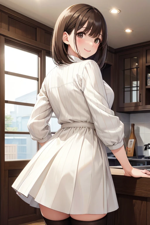 anegasaki nene、Shiny brown hair, short hair, (Beautiful brown eyes、Sparkling eyes, Fine grain)、smile、Super detailedな目、Highly detailed face, Highly detailed eyes,Cowboy Shot、


(Highest quality, High resolution, Super detailed),(Improved image quality) 

1 Woman Standing, (Recall) (From behind), /(Ribbed knit mini dress/), Mature Woman, /(Brown Hair/) bangs, Knee socks, 赤面する優しいsmile, (傑作 Highest quality:1.2) Super detailedなBREAK (Modern Home) indoor