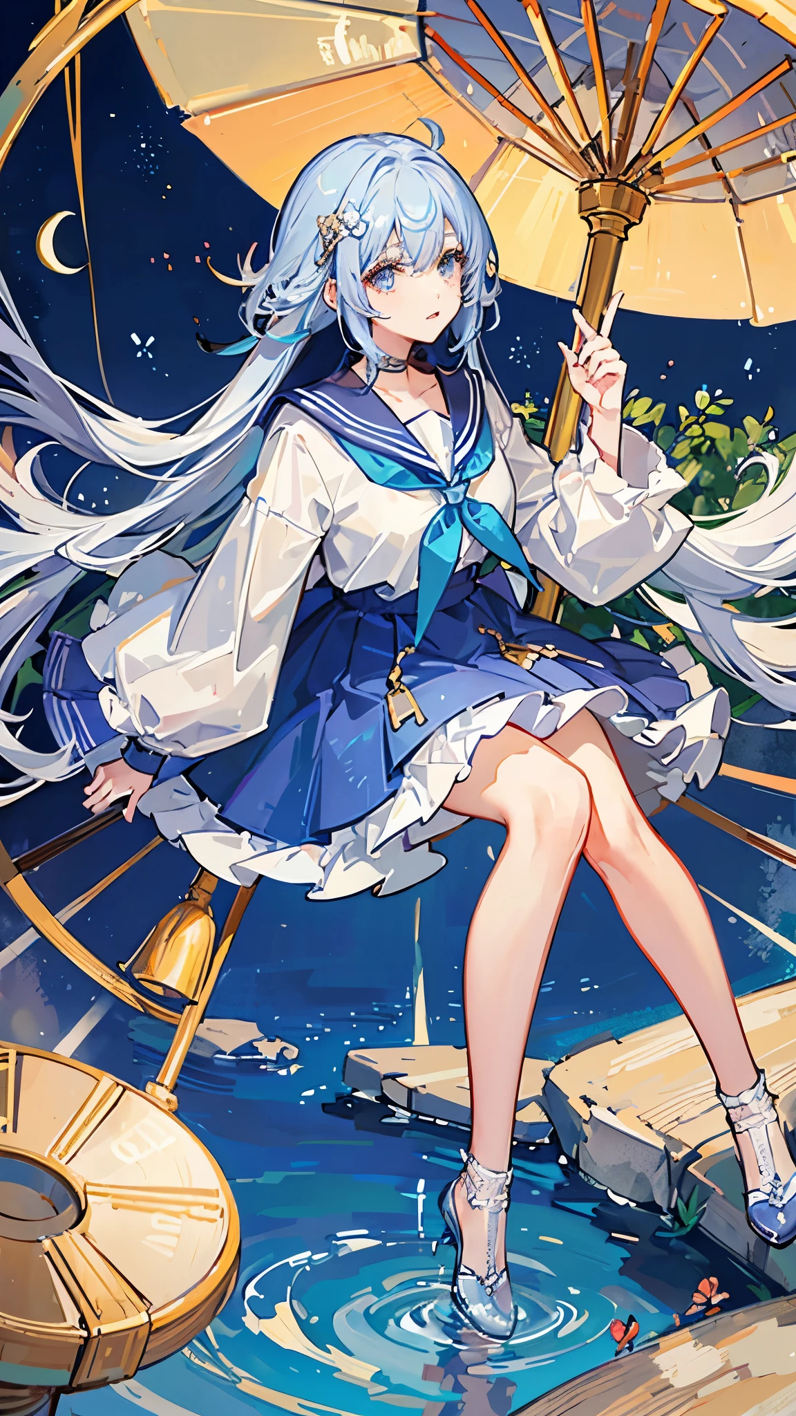 The background is an amusement park、Merry-go-round、Coffee cup、Crystal clear light blue hair、Her hair is gradated and white from the hairline to the middle.、Hair length is up to the knees、A shiny, light blue sailor suit、The hair ornament is glittering gold.、Silver hair ornament、She has big breasts、Adult face、