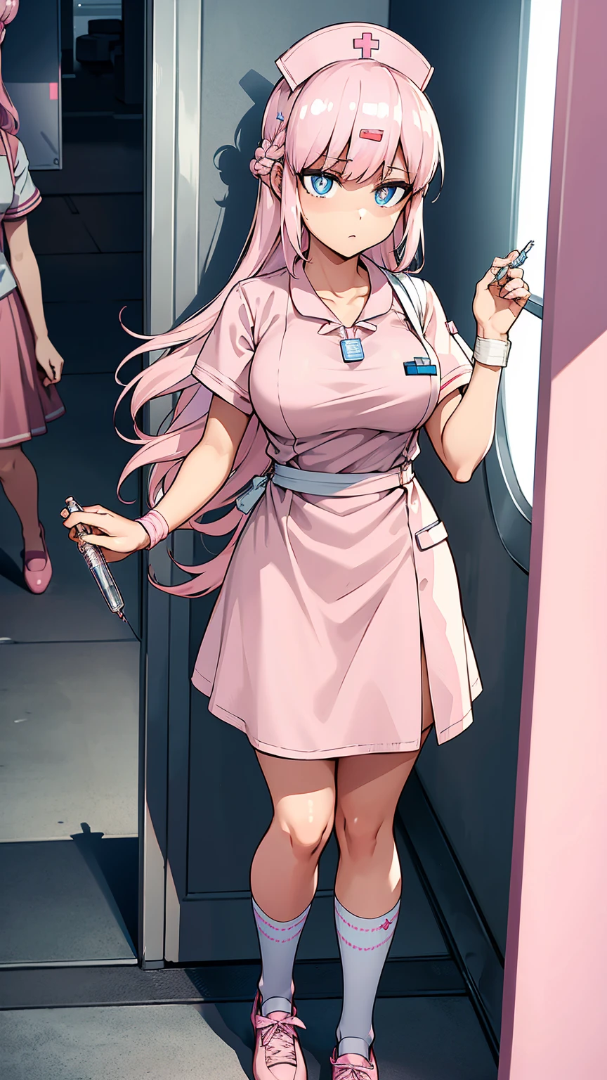 ((masterpiece)), ((Best quality)), (A high resolution:1.3), (Professional photography:1.2), 1 girl (Bianca Abercrombie), One, Bandage, cross Bandage, ((pink shoes)), pink flowing hair, Blue eyes, pink pupils, shy, bare thighs, Pink nurse clothes, nurse cap, (nurse uniform), Cross decoration, nurse, Tsundere face, Hold a syringe in your hand (Like a syringe), Clinic