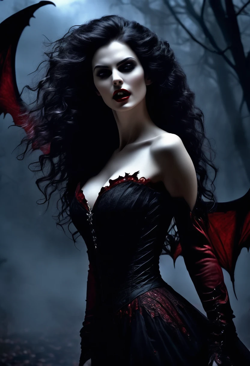 black fantasy, dramatic lighting, full body shot shot, face detailed, pretty, perfil, deep-shadows, a vampire e seu, extremely high detailed skin, perfect wavy black hair, (a vampire, she is using her paranormal powers to transfer into the atmosphere, causing bloodranslocate through the environment), (the vampire is trying to reach the neck), hemocinesia, (there are many threads of blood floaaround the environment), she is wearing a very complex biological exoskeleton, (the vampire's lower body is disappearing, becoming black mist), the scene takes place in a dungeon dimly lit by a red glow, red power lines, light blue and olive tones, mystic energy, temperamental atmosphere, film composition, Yoshitaka Amano
