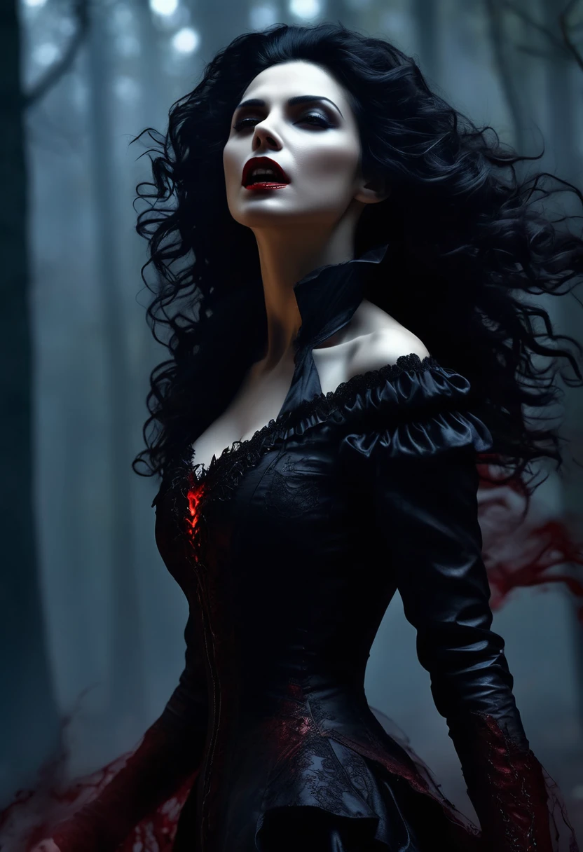 black fantasy, dramatic lighting, full body shot shot, face detailed, pretty, perfil, deep-shadows, a vampire e seu, extremely high detailed skin, perfect wavy black hair, (a vampire, she is using her paranormal powers to transfer blood into the atmosphere, causing blood to translocate through the environment), (the vampire is trying to reach the neck), hemocinesia, (there are many threads of blood floating around the environment), she is wearing a very complex biological exoskeleton, (the vampire's lower body is disappearing, becoming black mist), the scene takes place in a dungeon dimly lit by a red glow, red power lines, light blue and olive tones, mystic energy, temperamental atmosphere, film composition, Yoshitaka Amano
