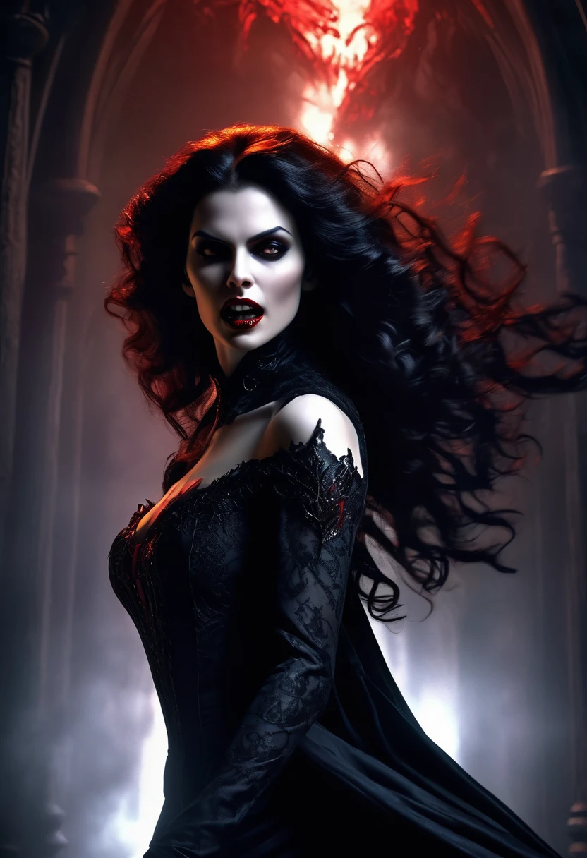 black fantasy, dramatic lighting, full body shot shot, face detailed, pretty, perfil, deep-shadows, a vampire e seu, extremely high detailed skin, perfect wavy black hair, (a vampire, she is using her paranormal powers to transfer blood into the atmosphere, causing blood to translocate through the environment), (the vampire is trying to reach the neck), hemocinesia, (there are many threads of blood floating around the environment), she is wearing a very complex biological exoskeleton, (the vampire's lower body is disappearing, becoming black mist), the scene takes place in a dungeon dimly lit by a red glow, red power lines, light blue and olive tones, mystic energy, temperamental atmosphere, film composition, Yoshitaka Amano
