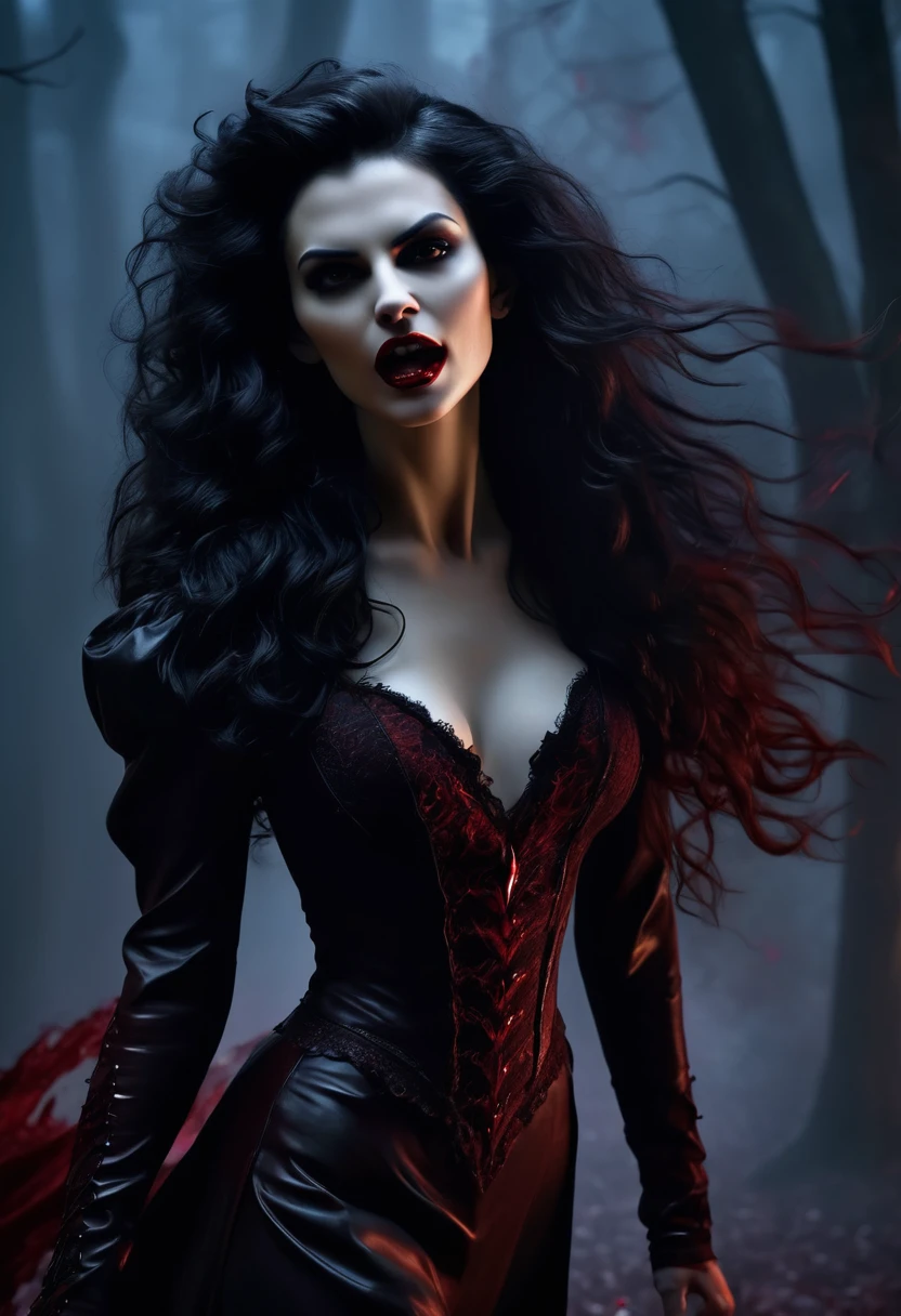 black fantasy, dramatic lighting, full body shot shot, face detailed, pretty, perfil, deep-shadows, a vampire e seu, extremely high detailed skin, perfect wavy black hair, (a vampire, she is using her paranormal powers to transfer blood into the atmosphere, causing blood to translocate through the environment), (the vampire is trying to reach the neck), hemocinesia, (there are many threads of blood floating around the environment), she is wearing a very complex biological exoskeleton, (the vampire's lower body is disappearing, becoming black mist), the scene takes place in a dungeon dimly lit by a red glow, red power lines, light blue and olive tones, mystic energy, temperamental atmosphere, film composition, Yoshitaka Amano