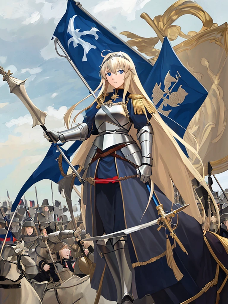 girl,blonde,long hair,blue eyes,Jeanne d'Arc,flag spear,french flag,army behind,battlefield,cavalry,raise the national flag
