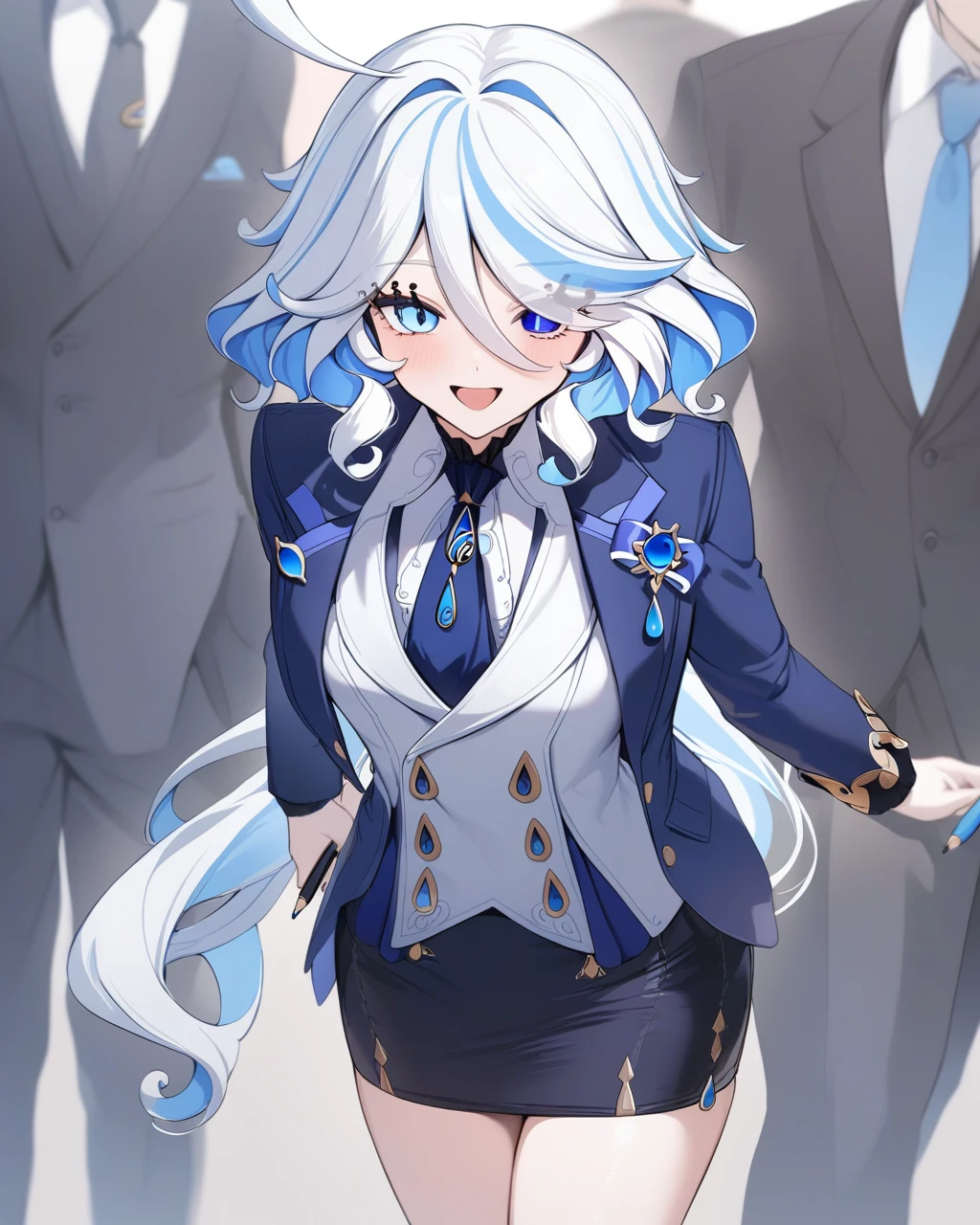 masterpiece,best quality,1girl, furina \(genshin impact\), genshin impact, cowlick, office background, open mouth, streaked hair, upper teeth only, solo, long hair, light blue hair, white background, smile, white hair, ahoge, long sleeves, hair between eyes, (((skirt suit))), (((three-piece suit))), (((dark blue dress shirt))), (((necktie))), (((blue blazer))), (((black lapel))), (((suit jacket))), ((white waistcoat)), double-breasted waistcoat, (((bodycon pencil skirt))), pocket square, cufflinks, tie clip , tailored suit,