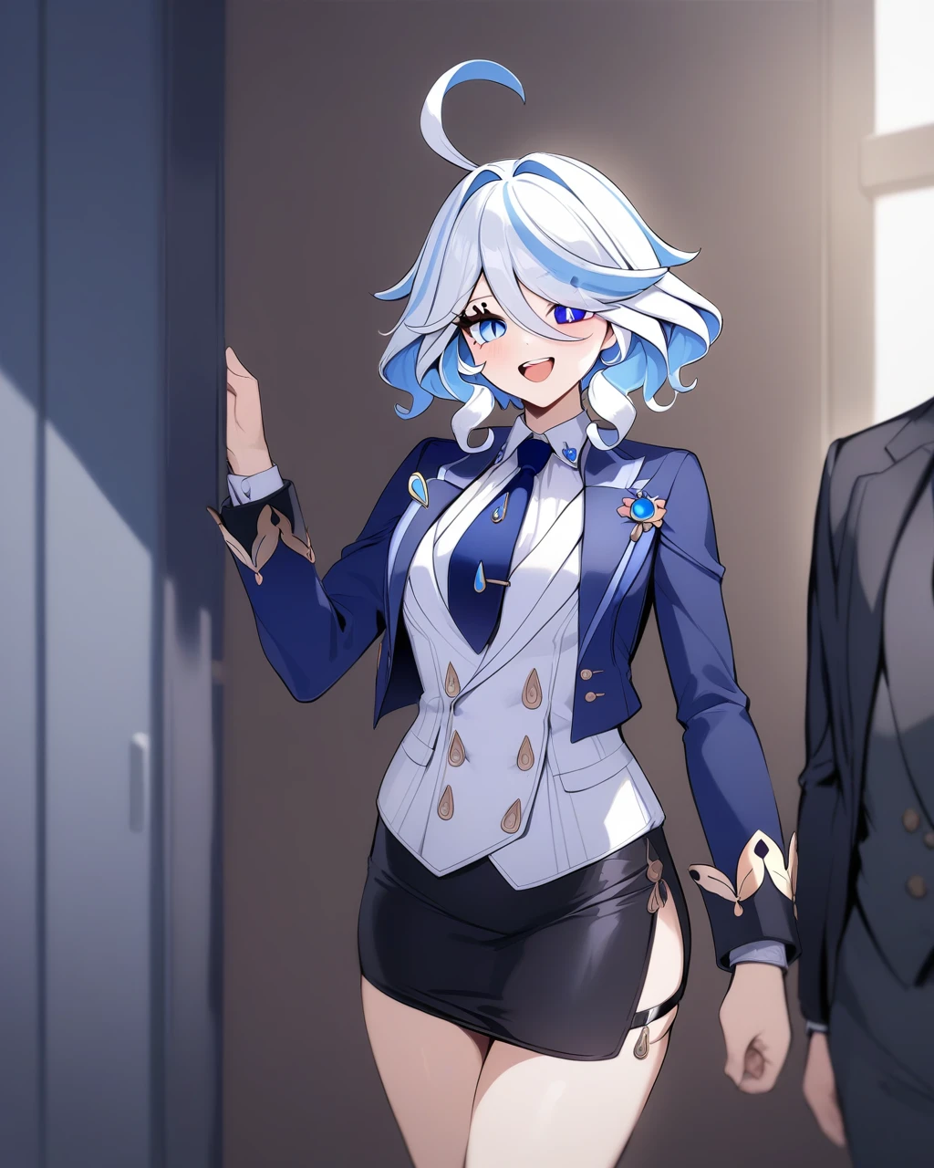 masterpiece,best quality,1girl, furina \(genshin impact\), genshin impact, cowlick, office background, open mouth, streaked hair, upper teeth only, solo, long hair, light blue hair, white background, smile, white hair, ahoge, long sleeves, hair between eyes, (((skirt suit))), (((three-piece suit))), (((dark blue dress shirt))), (((necktie))), (((blue blazer))), (((black lapel))), (((suit jacket))), ((white waistcoat)), double-breasted waistcoat, (((bodycon pencil skirt))), pocket square, cufflinks, tie clip , tailored suit,