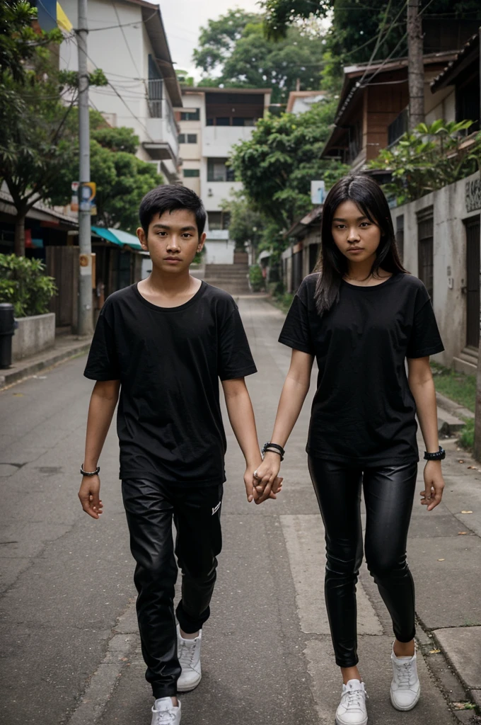 Thai couple, a 12-year-old Thai boy and a 12-year-old Thai girl, of the same height, thin and slender, walking hand in hand and wearing a black t-shirt and black pants. And they wear black bracelets on their arms.