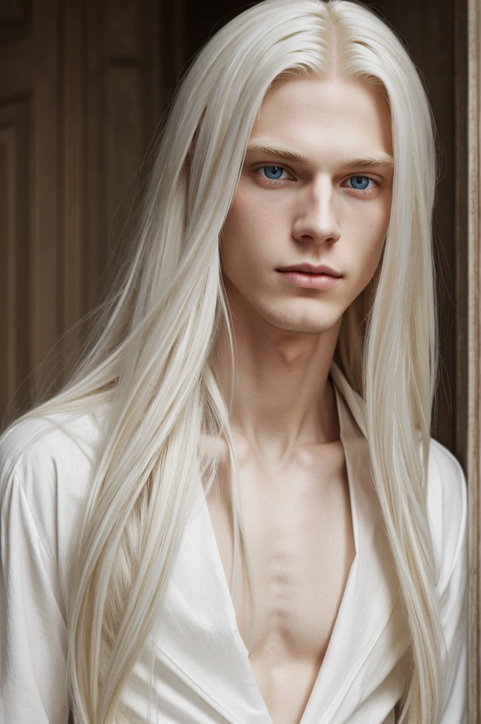 A tall young man, long platinum blonde hair, soft and elegant appearance, with red eyes and pale skin 