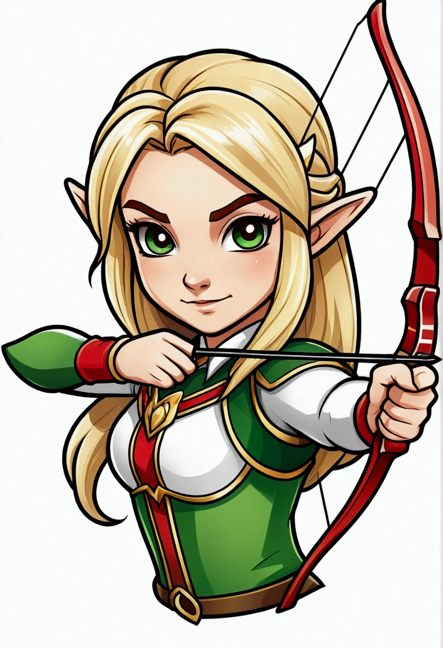 logo mascot, vector, bold outline, girl, anime style, elf, blonde hair, long hair, cute face, smirk, archer, bow, half body, aggressive pose, attacking, looking at viewer, digital illustration, low highlight, soft shading, isolated background, white background.