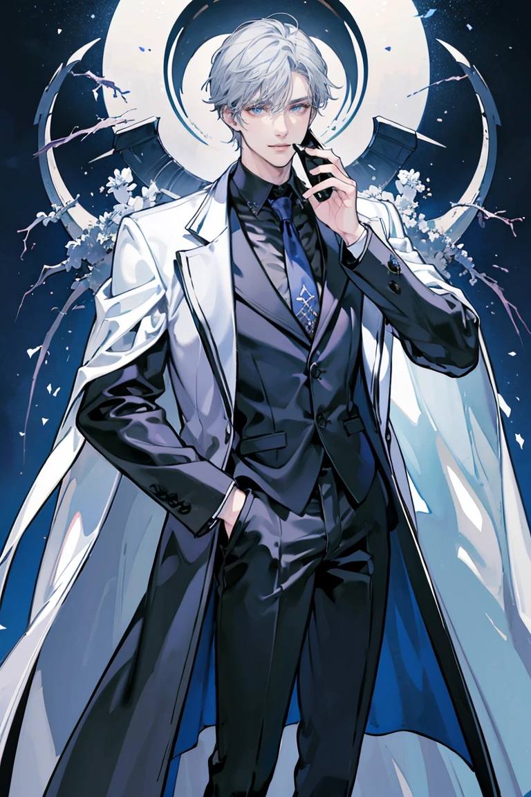(masterpiece), best quality, seductive eyes, perfect face, handsome man, mid length grey hair, long nose, smiling white mask covering his face, dark blue polo, black coat, black necktie, full body, extremely tall man, long legs, long calves, anime cover, 1boy, ear piercings, hands in pockets, adult-like look, bad boy, there's bones around him with purple lightning coming out of them, he's holding a sculpture with his right hand while he has his left hand in the pocket of his coat