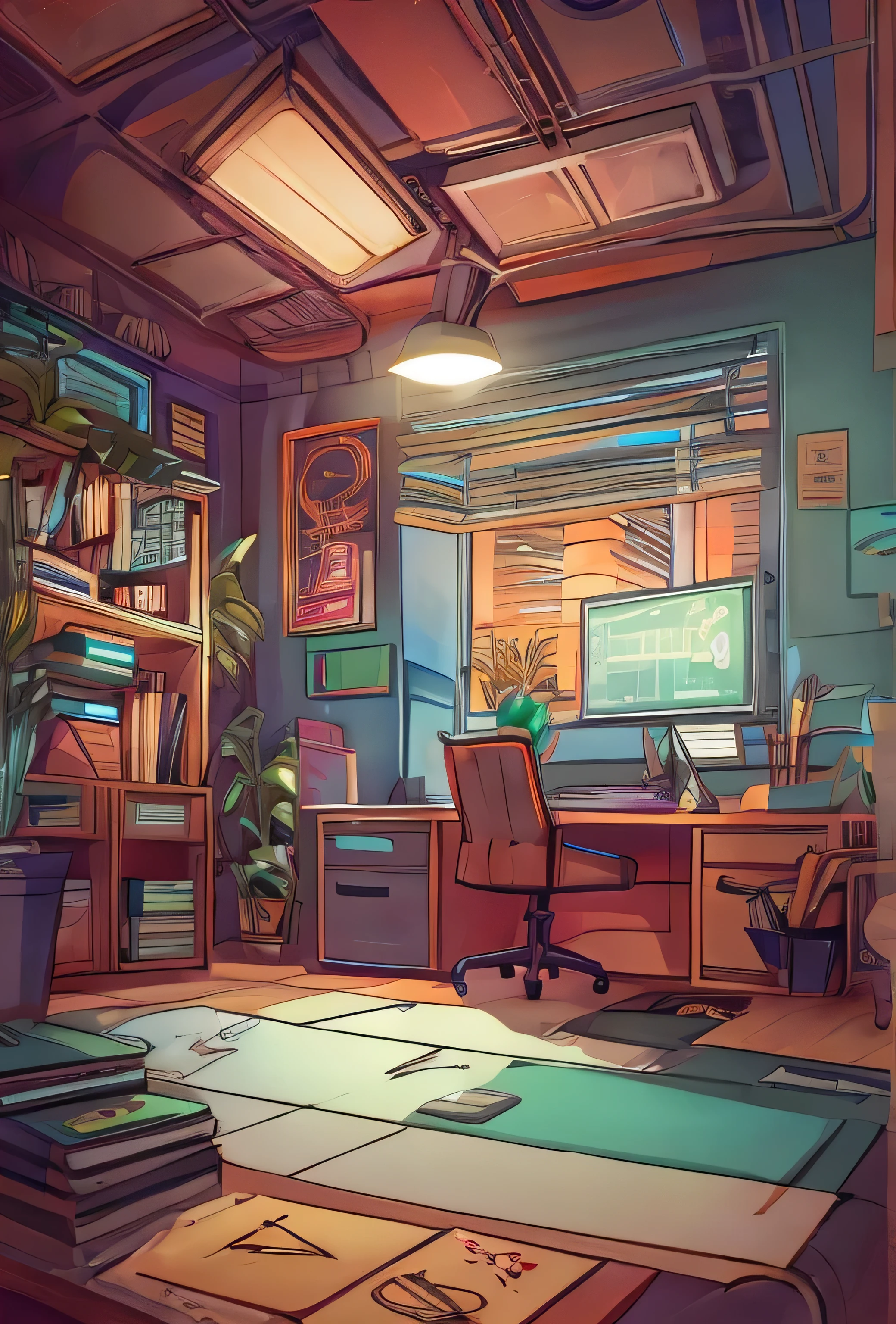 An Office, NO PEOPLE, dark Neon color, comic style, outline style