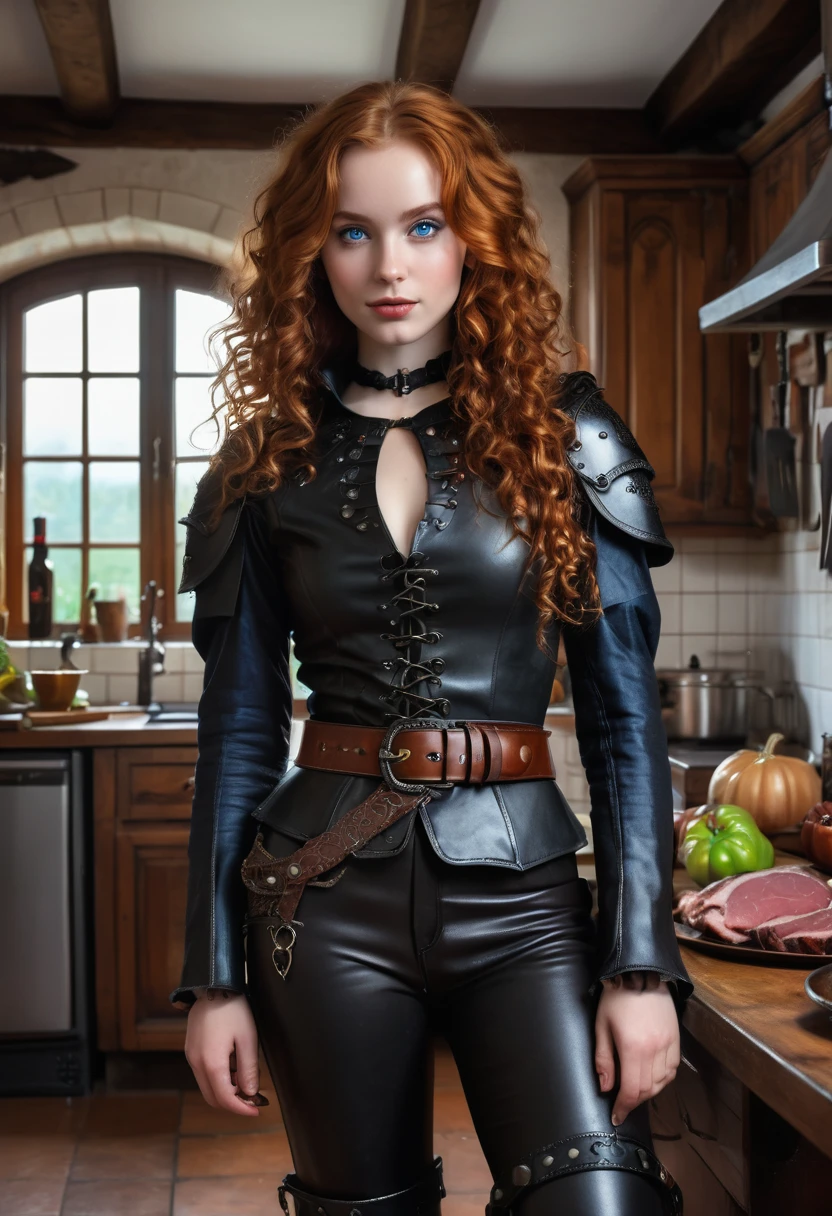 a super mega beautiful attractive cannibal young girl with round head, redhead curled long hair, short ,blue eyes, black collar, Medieval black leather armor,brown leather belt,black tight pants, black boots , she standing in kitchen and happy to carnivorous her boyfriend's meat on table, gothic, ultra realistic, romantic,the middle ages