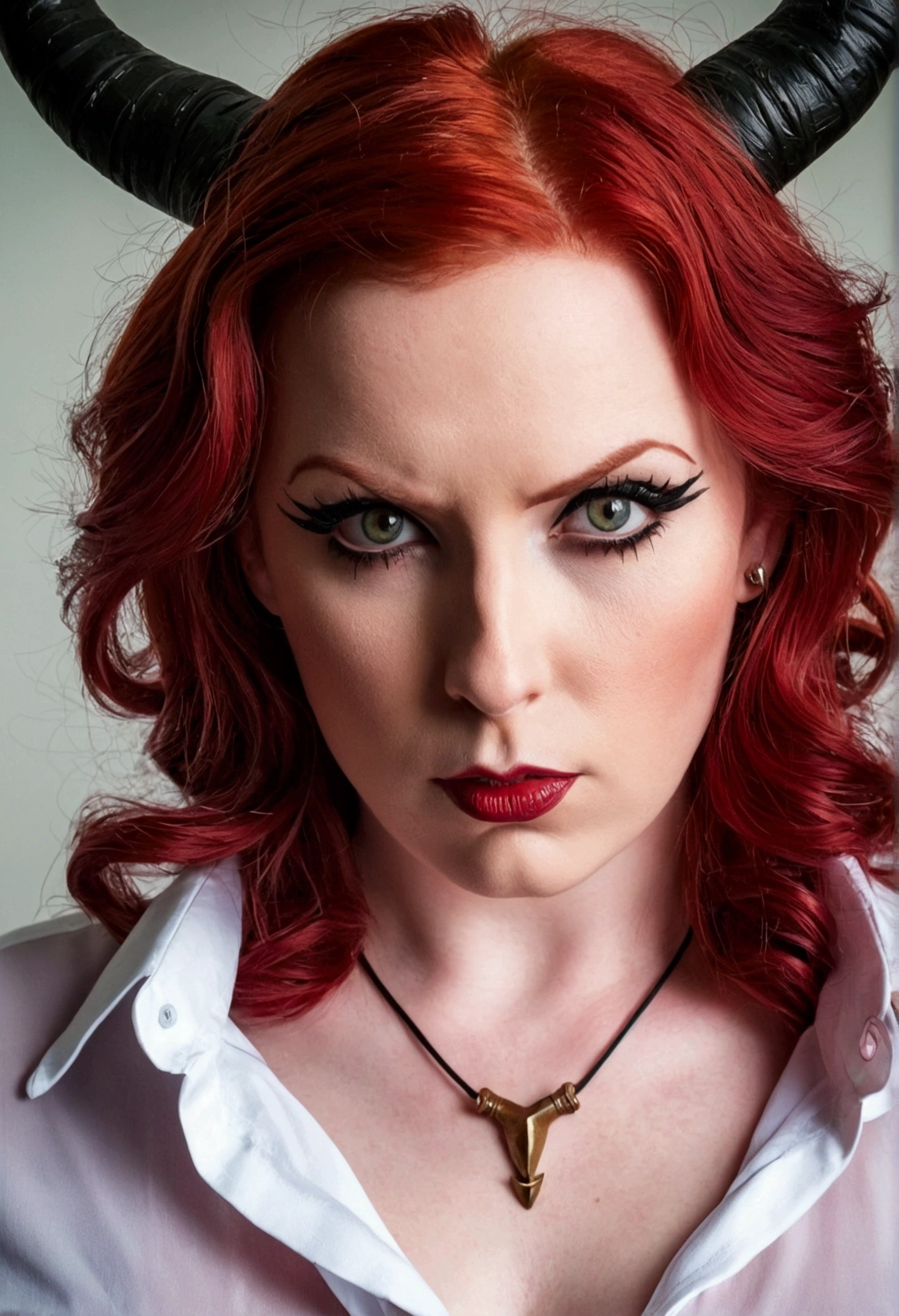 Very detailed, Seductive woman with horns, Tight shirt, (plump, They're too big,My shirt is about to burst., Red hair), Focus on the face, Focus on the face, Complex eyes,