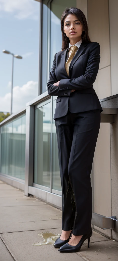 best qualtiy, Full body like,Refined face,pretty face,25 years old woman,slimfigure,Larger bust,office lady uniform,office uniform,black lence stockings,black heels,Outdoor Scene,Stand up wetting her clothes(peeing self,urination:1.4)necktie(wetting herself:1.5), (desperation:1.75),(arms crossed:1.5)