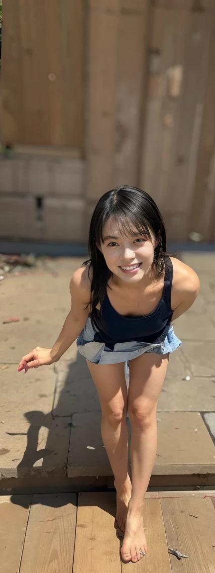 Open shirt, (((Leaning forward))), ((,Round face, Around 17 years old,mini skirt、loose tank top)), Long Hair, , Natural Makeup, Lips become thicker, Sexy Gaze, barefoot, ((Raise one leg)), Shooting from below,Gentle expression ,((Extremely precise and accurate anatomy)), (masterpiece:1.43), Perfect proportions, Realistic photos, Full Shot, whole body, (height: 165cm),