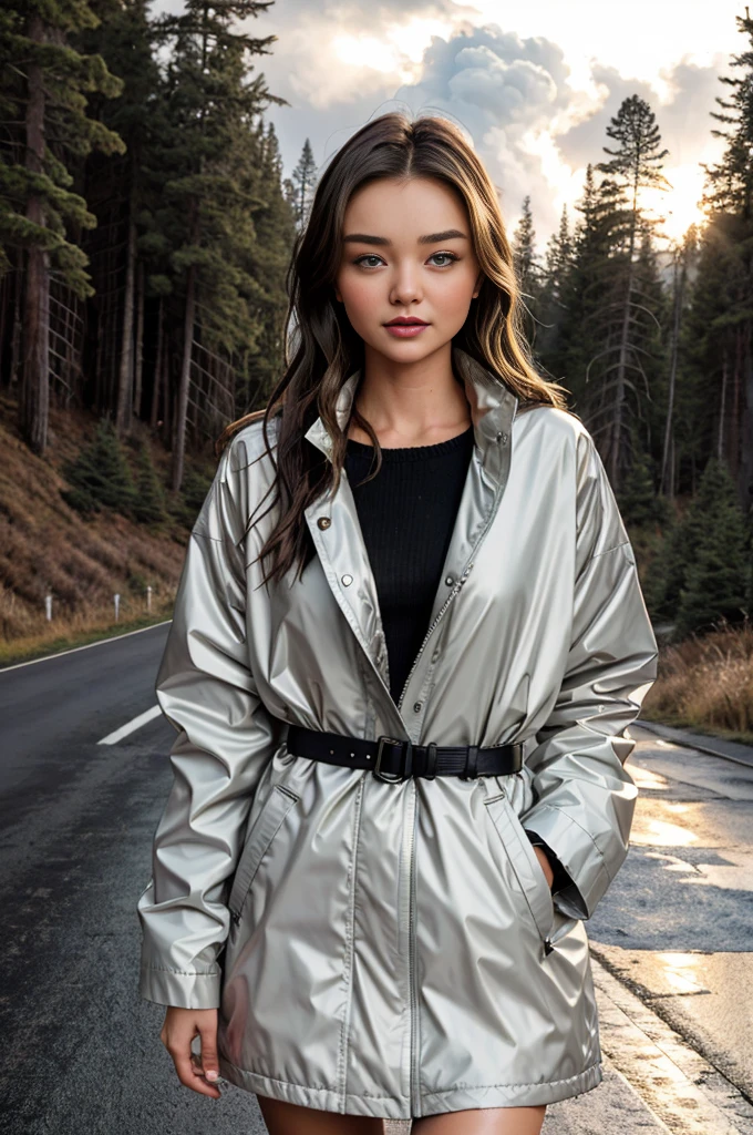Masterpiece, miranda kerr, 20 years old woman, looking at the camera, blonde, high resolution, casual outfit, cloudy, dawn, twin peaks, mist, forest, road, telephone posts on road, black_hair, night, long_Hair, bracelet, wandering, looking_in_viewer, wet, cloudy_sky, Masterpiece, Best Quality, Floating,(high saturation), winter, colorful bubble, best shadow, half body closeup