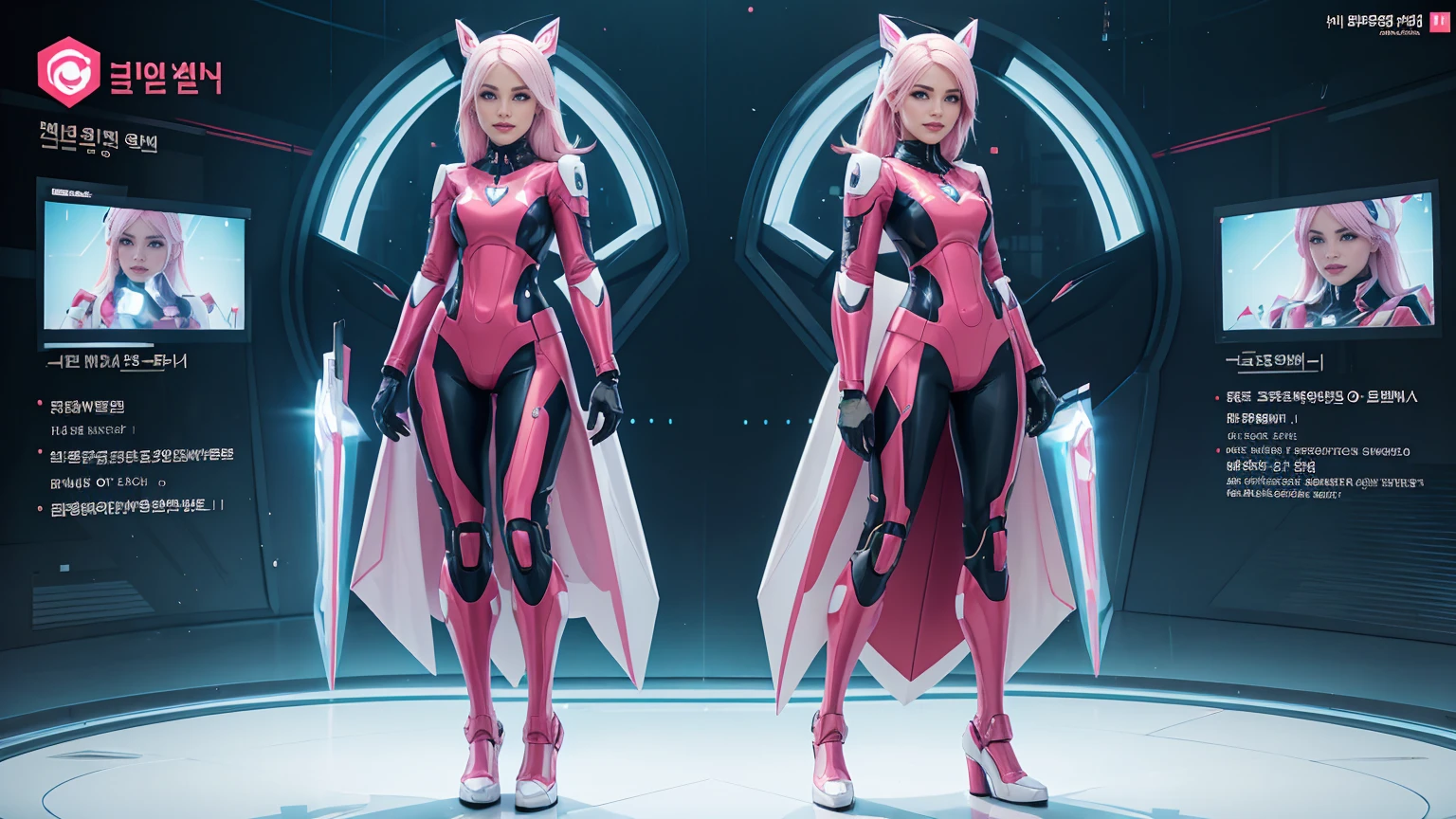 ((character design sheet)),((full body view)),Best picture quality, high resolution, 8k, realistic, sharp focus, realistic image of elegant lady, Korean beauty, fashion model, beautiful face, cute, futuristic head gear, futuristic AI VR glasses, happy smile, pure white pink hair, blue eyes, wearing high-tech cyberpunk style red Batgirl suit, radiant Glow, sparkling suit, mecha, perfectly customized high-tech suit, fire theme, custom design, 1 girl,swordup, looking at viewer,alluring_ta_girl