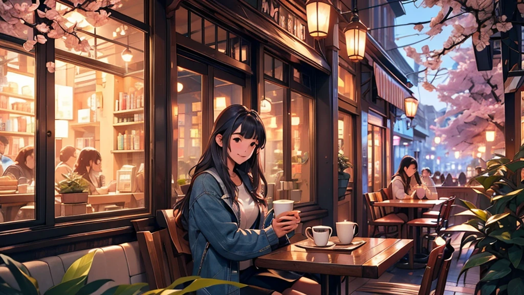 At a quiet cafe in the city at night、Neon lights shine gently through the window.。In one corner of the cafe, a character is sitting and looking relaxed.。Long hair sparkling、The big eyes are calm、A hot cup of coffee in hand。The background is in soft pastel colors.、Blue and pink tones create a soothing atmosphere.。There are bookshelves and potted plants inside the cafe.、Outside, the cherry blossoms are in full bloom。