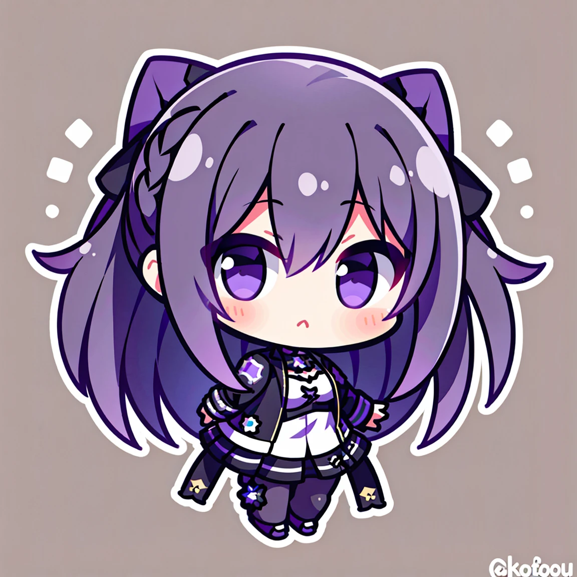 masterpiece, beautiful detailed, 1girl, Cartoon bones, chibi:1, Chibi, (Moto jacket and black jeggings), violet Eyes, violet hair, long hair, medium breasts, Colorless solid background