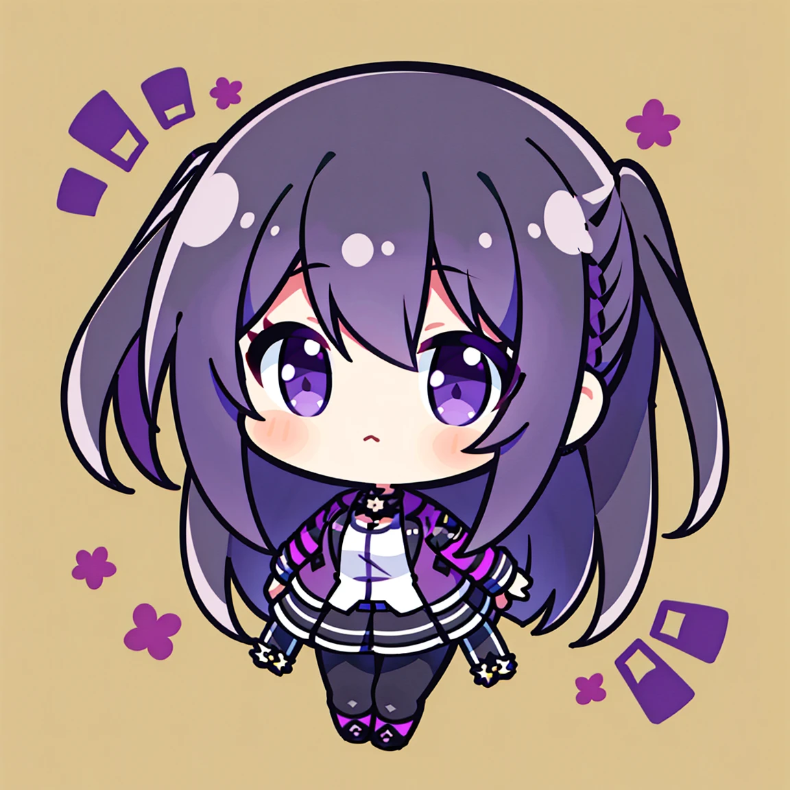 masterpiece, beautiful detailed, 1girl, Cartoon bones, chibi:1, Chibi, (Moto jacket and black jeggings), violet Eyes, violet hair, long hair, medium breasts, Colorless solid background