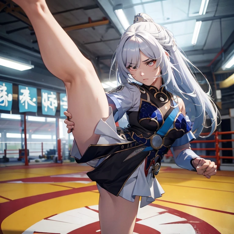 1girl, JingliuV5, wearing karate uniform with short sleeves, angry stare, standing on one leg, high kick, soles facing viewer, barefoot, arched foot, accurate foot, accurate hands, barehands, fighting stance, martial arts, in a dojo, facing viewer, perfect proportions, (best quality,8K,high resolution,ultra-detailed,masterpiece)