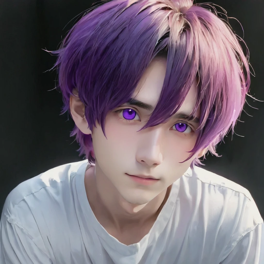 best quality, masterpiece, solo, 1boy, purple hair, white shirt,  black eyes, black beckground, full faces, hair cut