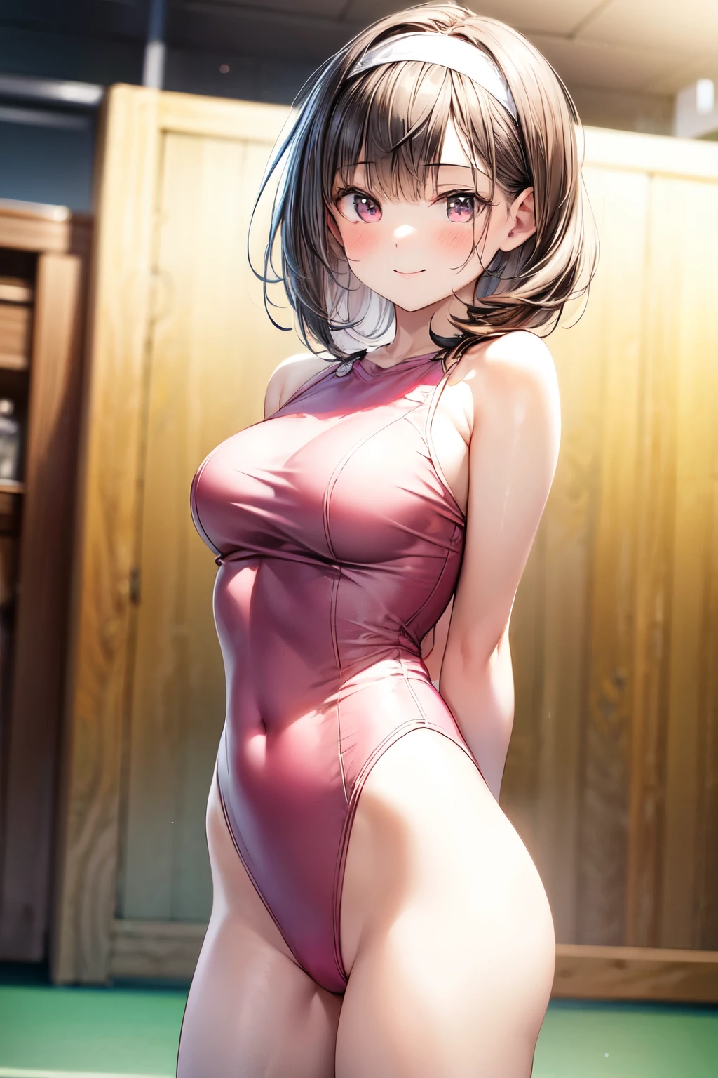 very cute and beautiful girl,(highly detailed beautiful face),(pink leotard:1.2),sleeveless BREAK (smile),blush,
standing near training mat in wooden gym,arms behind back,cowboy shot,hair band,black hair,looking at viewer,
(best quality,masterpiece),absurdres,highres,ultra-detailed,extremely detailed,32k,8k resolution,
intricate details,cinematic scene,detailed background,solo,dynamic angle,(realistic,photorealistic),