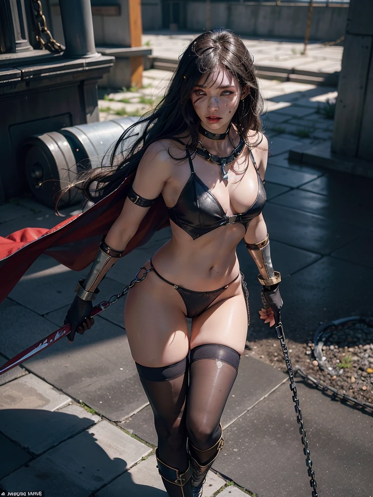 ,((Wearing a torn sheer costume of a superheroine)),(, no good)), wet crotch, wet thighs, Beautiful girl with accentuated slender abs: 1.4, (((nipple tips protruding, areola is protruding, The shape of the pubic region is clearly visible)), sixpack abs: 1.4, Bust Botox, Photo, Sharpness, unique 850 4, Koda850 k portrait camera, F1.6 shots, Ultra-realistic textures, Spectacular light textures, Cinestil 800 Fashion Mechanics, (futuristic sci-fi battle fashion: 1.1), (tied perfectly by chain), Restraint, Slaves, collars, ((wide prison with sunlight)), Dark fantasy, Realistic material details, extreme hight detail, Ultra-realistic materials ((Torn costume))), wet, Cloudy, (Chained)), ((big emphasized by chains)), ((chains digging into crotch)), ( (Collar)), (, no good), shredded costumes, broken golden shields and battle spears,, White combat gloves, Combat shoulder armor, Blood splattered on the face, Blood splattered, Realistic, (Bruises, Dirty, ripped clothing, skimpy clothing, Blood: 1.3), Torn Cape, Torn pantyhose, Long legs, ((iron pipe in the crotch)), Metallic shackles and fetters, ((chains hung from heaven)), Her wet crotch is clearly visible, Swarovski's sword and the anatomy beneath his feet, (futuristic sci-fi battle fashion, Torn mesh stockings),