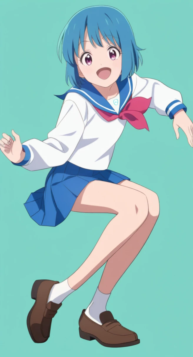 18-year-old, young girl, anime, short hair, pretty eyes, blue hair, full body, sailor suit, short pleated skirt, big smiling very happy, BREAK (simple background), (stand up straight), anatomically correct