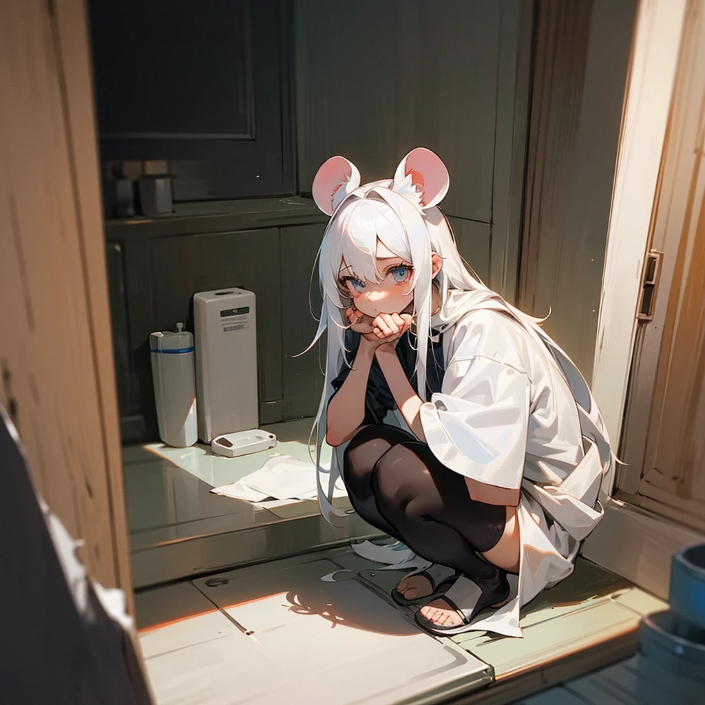 best quality, best quality, best anatomy, good hands, good body, complete fingers, extra digits, A girl with white hair and white mouse ears was squatting in the corner of the kitchen wearing only a towel, she looked scared