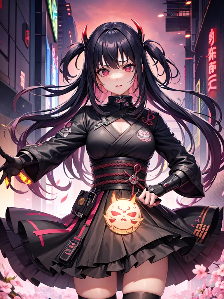 Cyberpunk 2077, anime, portrait, singular character, streetwear, harajuku, samurai, demon, little demon wings, little horns,neon colors,swords and pistols,tattoos, female, long hair, mask,genshin impact, honkai star rail, chainsaw man, bungou straydogs,bangs,attack on titan, japanese, hanako, sakura cherry blossoms, no background, icon, profile picture
