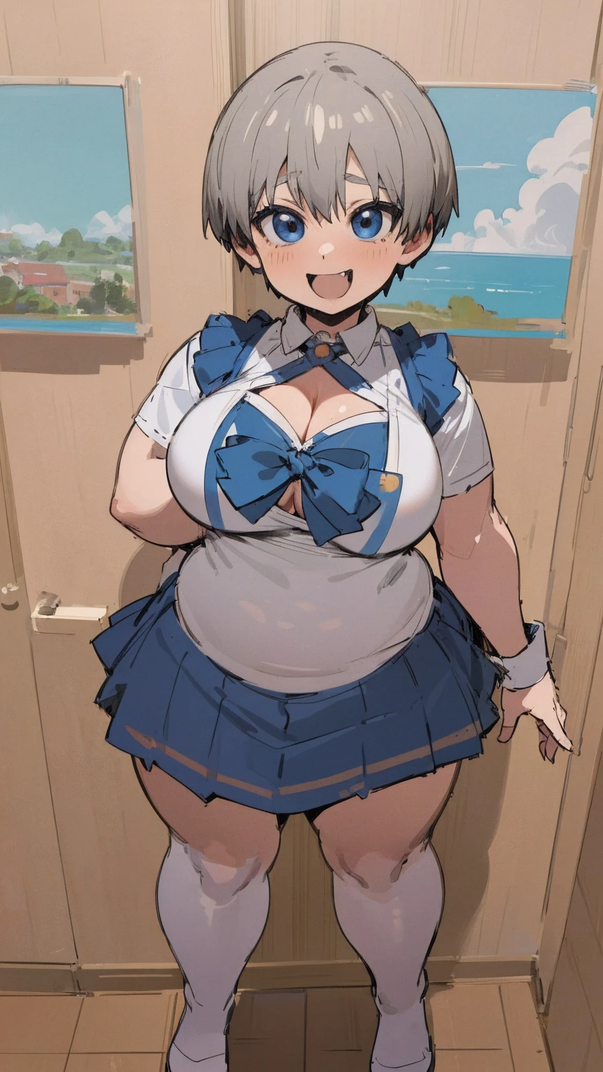 masterpiece, best quality, ultra-detailed, Potrait of beautiful , (chubby) (muscular), (plump), (sexly), (cleavage), (Breasts), (Plump), ((very short hair)), ((Uzaki Hana)), (overweight), (Gray Hair), ((Saggy breasts)), (blue eyes), (Short Hair), (blue eyes), ((thick)), (school uniform), (fullbody), (naughty smile), (Canine teeth visible), (standing)