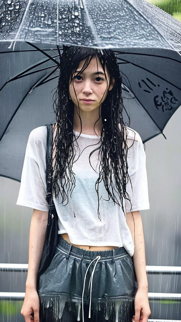 １People Girls,Japanese,20-year-old,Beauty,Beautiful face,Cute face,Sad expression,Watery eye,Summer clothes,Disheveled Hair,Wet Hair,Wet body,Wet clothes,Wet Face,The whole body is wet from rain,Rainy cityscape