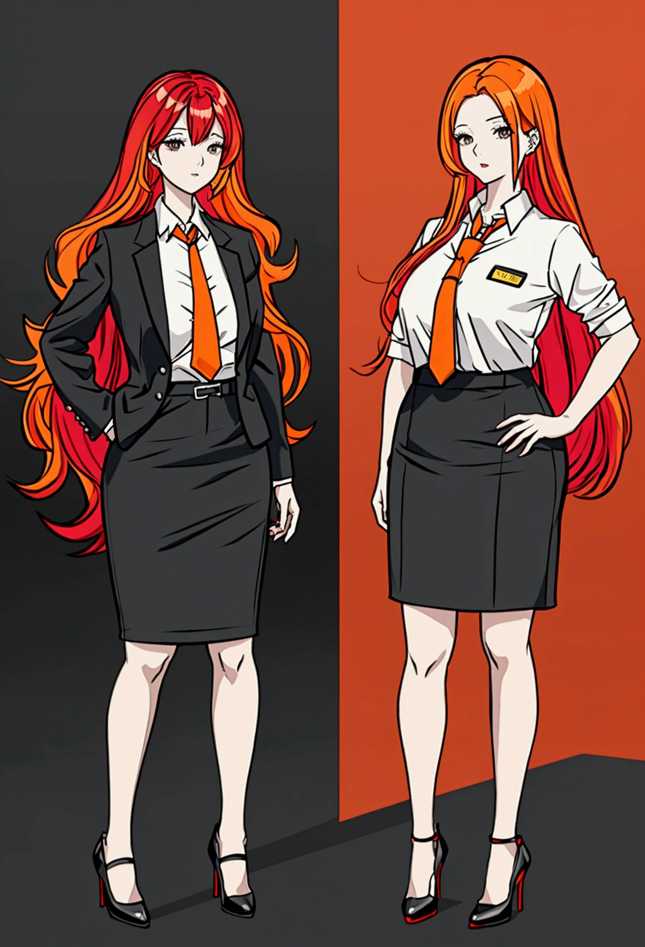 Office OL professional attire,Anime girl with long red and orange hair and black hair, 28 years old,long hair anime girl, She has long orange-yellow hair., Attractive anime girl,shirt,Professional hip skirt,Very long hair,Large Breasts,Keep files,Exciting appearance,Front view,First Perspective,high quality,16K,Exciting appearance,very clearly,Exquisite mature facial,Royal sister,Alone,Standing front,Hands hanging down,High heel,whole body