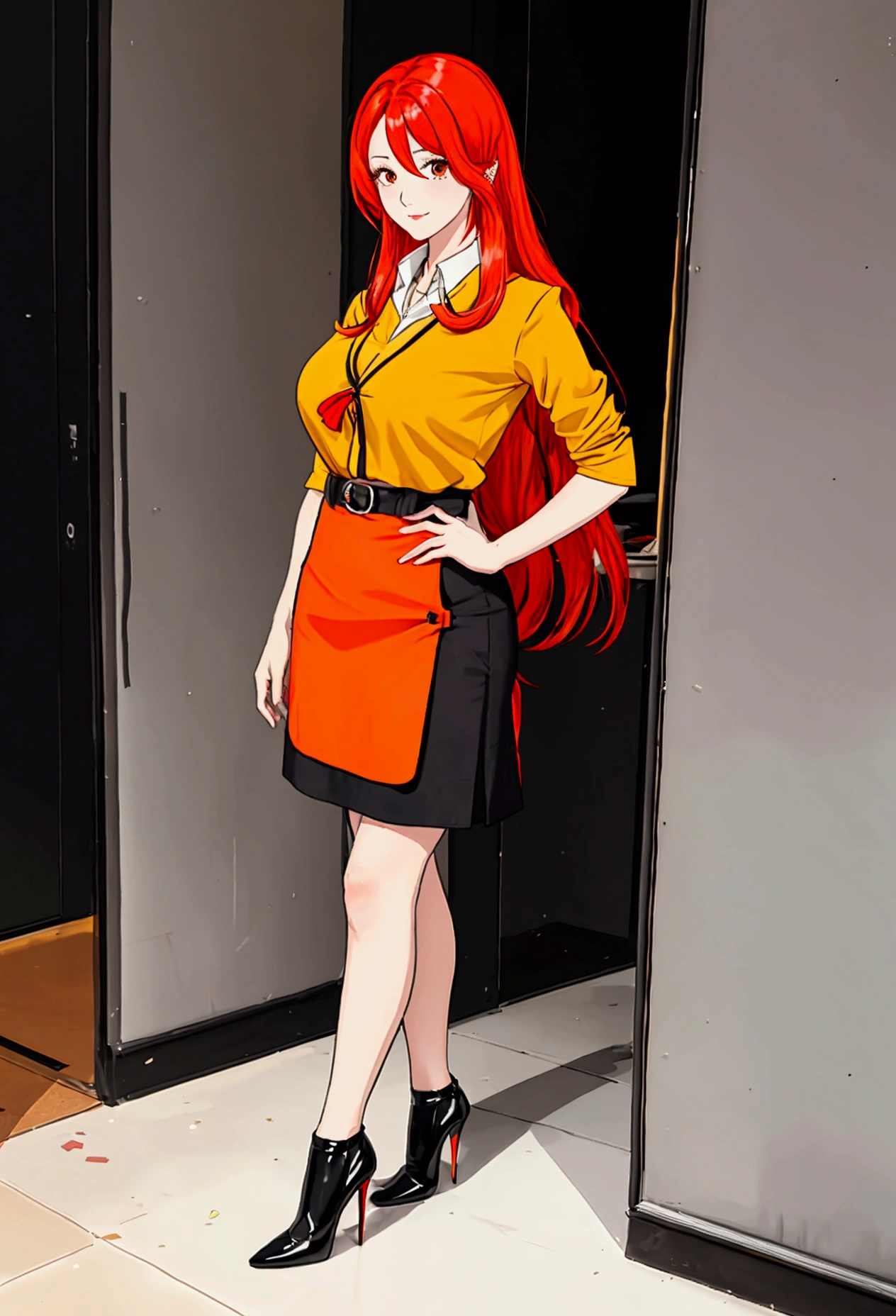 Office OL professional attire，Anime girl with long red and orange hair and black hair, 28 years old，long hair anime girl, She has long orange-yellow hair., Attractive anime girl,shirt，Professional hip skirt，Very long hair，Large Breasts,Keep files,Exciting appearance，Front view，First Perspective，high quality，16K，Exciting appearance，very clearly，Exquisite mature facial，Royal sister，Alone，Standing front，Hands hanging down，High heel，whole body