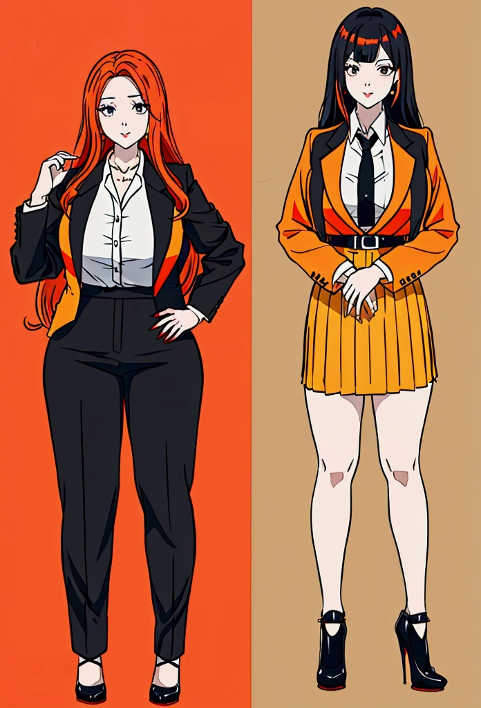 Office OL professional attire，Anime girl with long red and orange hair and black hair, 28 years old，long hair anime girl, She has long orange-yellow hair., Attractive anime girl,shirt，Professional hip skirt，Very long hair，Large Breasts,Keep files,Exciting appearance，Front view，First Perspective，high quality，16K，Exciting appearance，very clearly，Exquisite mature facial，Royal sister，Alone，Standing front，Hands hanging down，High heel，whole body