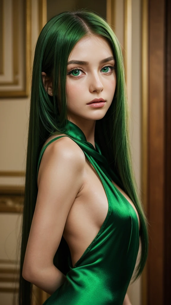 a girl.  face sent feeling.  Europe.  Oval face.  long face.  delicate facial features.  sad eyes.  seductively seductive.  green eyes.  long straight hair.  green hair.  sad expression.  big .  green silk dress.  standing.