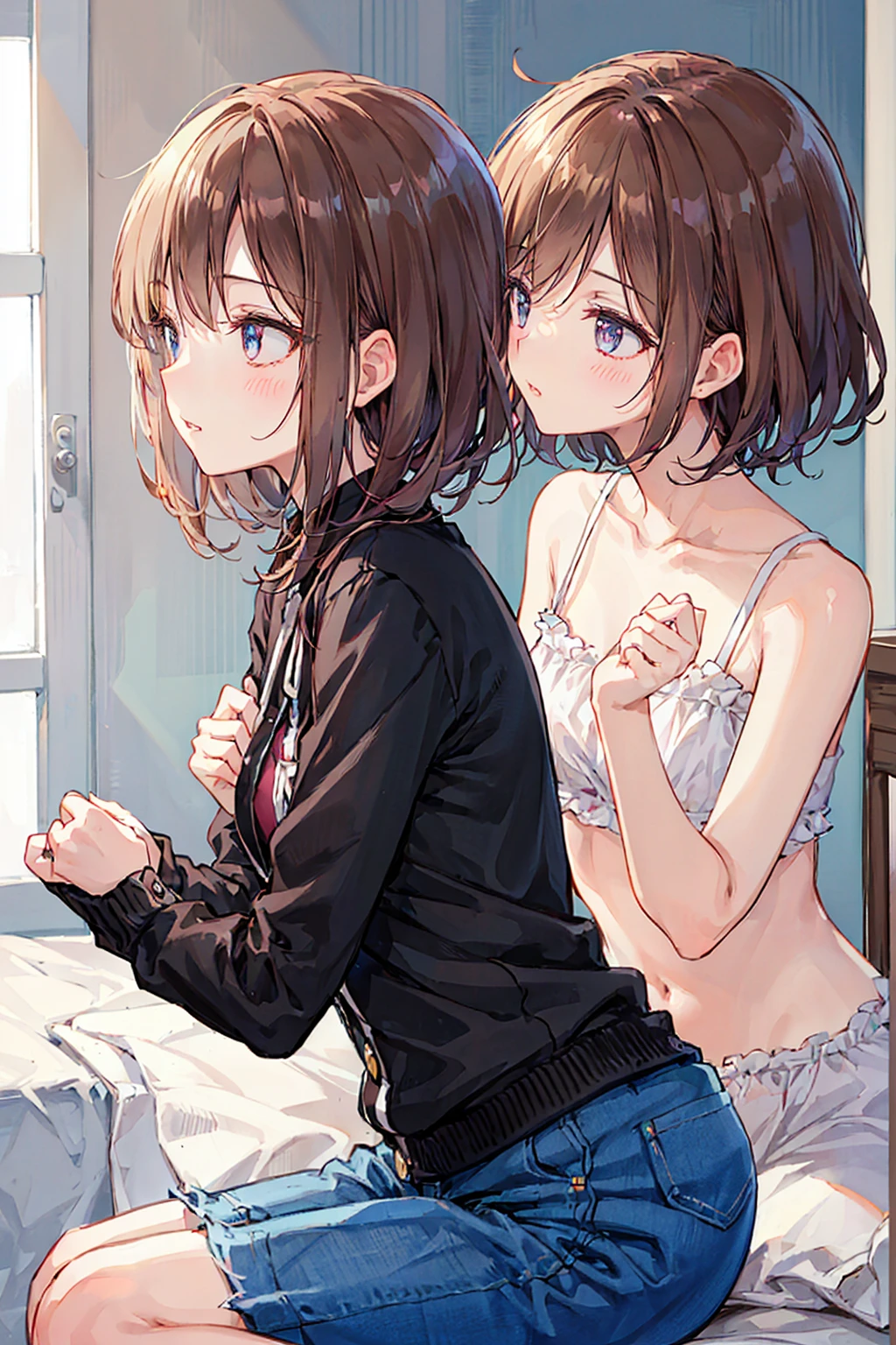 How to sit a girl,Written boundary depth, Delicate eyes, Distinctive nose line,Fine skin、Smooth、Perfect beauty、Small breasts、thin,((Natural style)),Brown Hair、Truly beautiful、Beautiful profile,Perfect Style,Ahegao,((Boyish clothes)),Shortcuts,Western-style room,On the bed,The lighting is dim,My face turned red,Don'Do not fold your hands,Legs do not cross,((Kiss between girls)),((Embrace and kiss deeply))、((Kiss the Eyes)),((Half naked))、((Girly clothes))