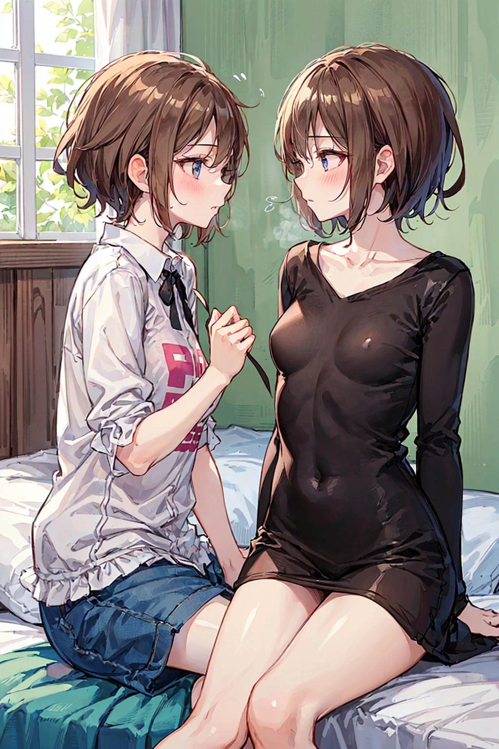 How to sit a girl，Written boundary depth, Delicate eyes, Distinctive nose line，Fine skin、Smooth、Perfect beauty、Small breasts、thin，((Natural style))，Brown Hair、Truly beautiful、Beautiful profile，Perfect Style，Ahegao，((Boyish clothes))，Shortcuts，Western-style room，On the bed，The lighting is dim，My face turned red，Don&#39;Do not fold your hands，Legs do not cross，((Kiss between girls))，((Embrace and kiss deeply))、((Kiss the Eyes))，((Half naked))、((Girly clothes))