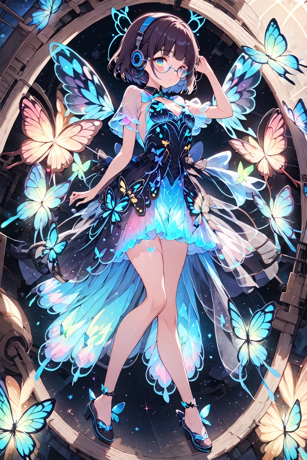 (extremely detailed fine touch:1.3), (((semi-rimless round eyewear:1.3))), (headphone:1.2), short hair, blunt bangs, 1 girl, full body, bioluminescent butterfly dress,