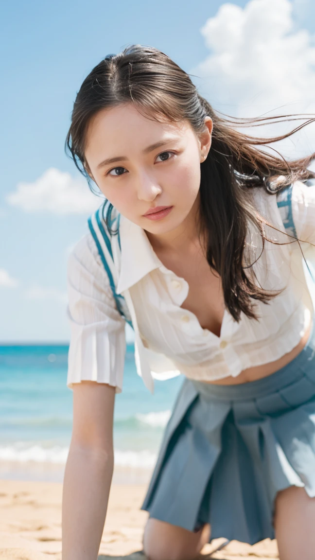 (((Top-down configuration:1.33)))、(((A strong wind is blowing、Her hair and skirt are flying、Kneel, Open shirt:1.68、Pleated skirt、Leaning forward:2.25)))、((No underwear:1.55))、One Girl、Beautiful and detailed eyes and face、barefoot、20 year old cute Japan woman, ((Extremely precise and accurate anatomy:1.0)), (photo Realistic:1.4), (hyper Realistic:1.4), (最高品質のRealisticな肌の質感:1.4), (Improvement of quality:1.4), (Enhances the beauty of skin texture:1.1), Clean and glowing skin, mesh, thin:1.2, (Realistic:1.3), Realisticなライティング, (Smoother lighting:1.05), (Improving the quality of cinema lighting:0.9), Backlight, A gentle light on your face, Ray Tracing, (Bright light:1.2), 32k, One Japanese woman, fine grain, Detailed face, (Film Grain:1.1),(Accentuates body lines:1.1), High resolution, Natural look, Kind eyes, Improves hair quality, Delicate light and shadow, Transparent muscles, Graceful pose, Beautiful Eyes, Sharp details, Soft light reflection, Beautiful contours, Delicate skin tone, Fine hair texture, Natural background, sunny day、Beach、splash、Sandy Beach、Light of the sun、clear blue sea、The waves crash quietly、Blue sky and white clouds、green mountain々、Beautiful Nature、The joys of youth
