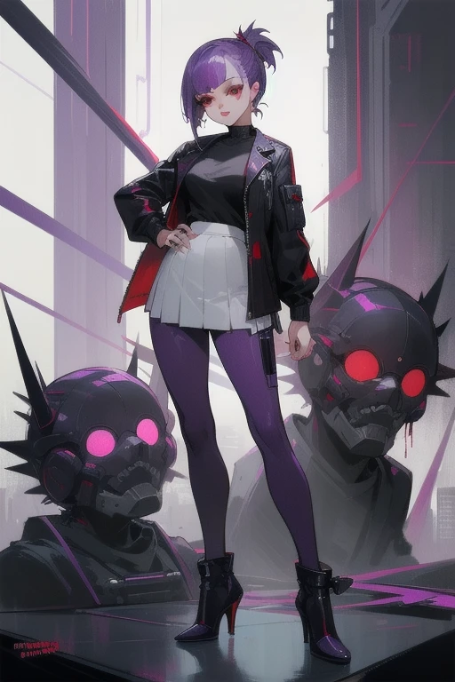 ((Highest quality)), ((masterpiece)), (Familiar), One adult female,Purple Hair, Slanted Eyes,short hair, Low Ponytail, eye shadow, lipstick, Red eyes,Purple Hair,Spiky Hair,Black inner shirt,White Cargo Pants,Red and black jacket, White tight skirt,Red high heels,cyber punk