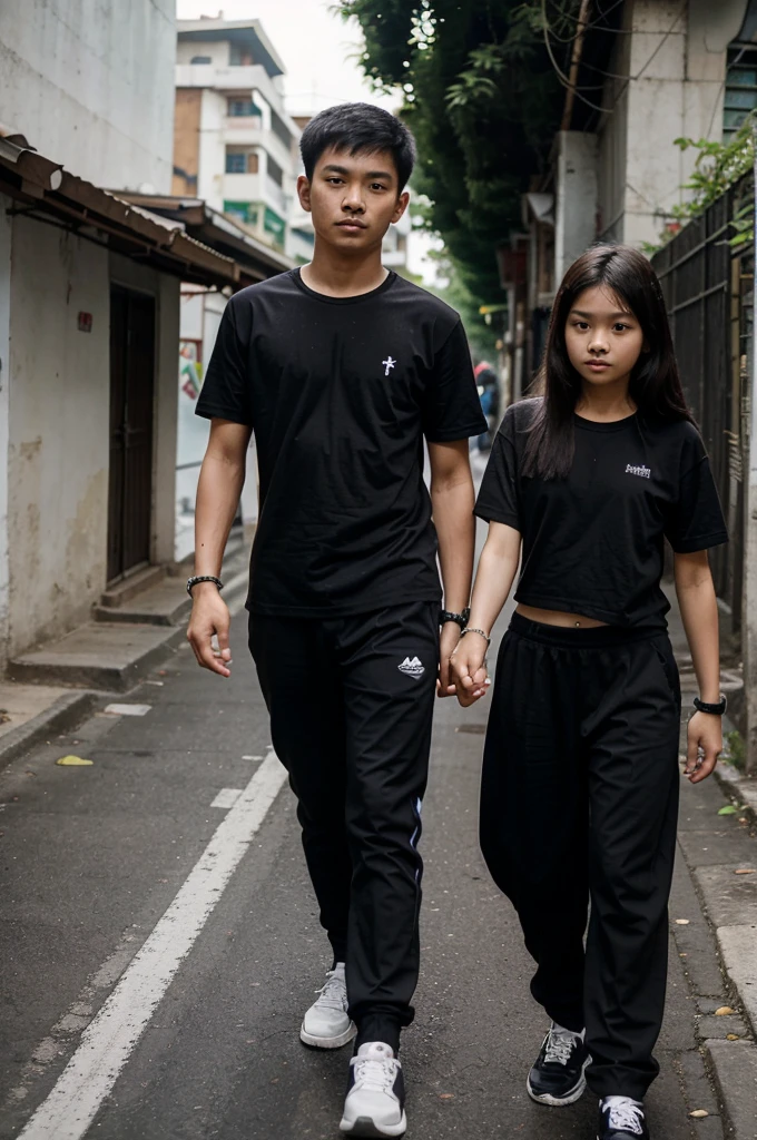 Thai couple, a 12-year-old Thai boy and a 12-year-old Thai girl, of the same height, thin and slender, walking hand in hand and wearing a black t-shirt and black pants. And they wear black bracelets on their arms.
